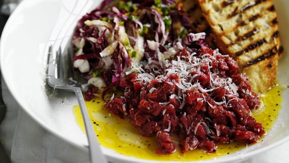 Chopped raw beef with jalapeno salad and bruschetta