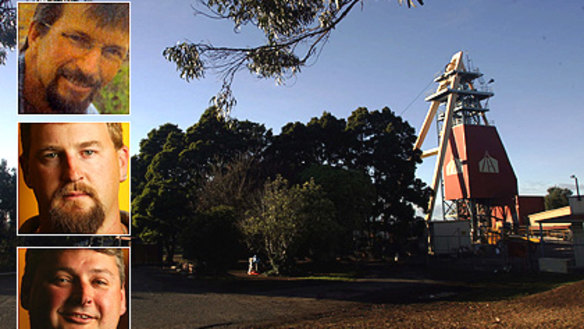 The Beaconsfield mine and, inset (from top), Larry Knight, Todd Russell and Brant Webb.
