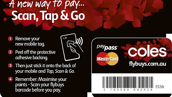 The Coles credit card Pay Tag sticker to be peeled off and attached to a phone - the barcode is for FlyBuys.