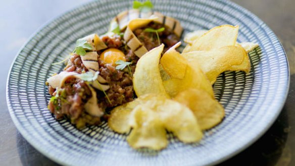 Chiswick steak tartare with smoked mushrooms and crisps.