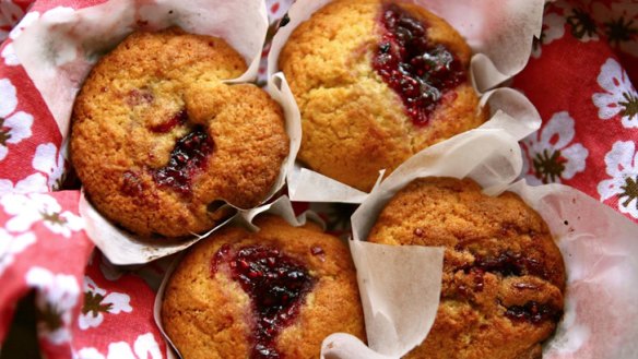 Raspberry Jam-drop Cornmeal Muffins