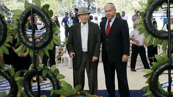 Father and son ... Benzion and Benjamin Netanyahu at the memorial service for the Zionist Ze’ev Jabotinsky.
