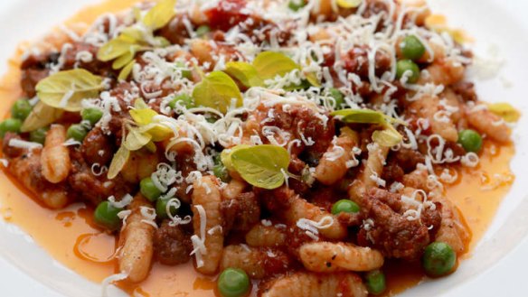 Go-to dish: Cavatelli with slow-cooked sausage, tomatoes, shiraz and fresh peas.