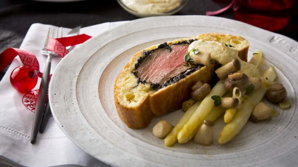 Boeuf en croute with horseradish cream and pickled mushrooms.
