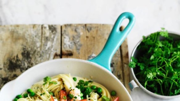 Heavenly: Neil Perry's angel hair pasta with prawn, pea and lemon sauce.