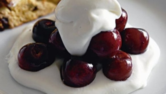 Poached cherries with toasted panettone and mascarpone cream