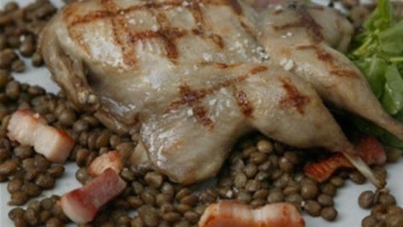 Grilled quail, lentils and bacon