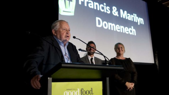 Francis Domenech (left) accepts the Vittoria Legend Award at the Brisbanetimes.com.au Good Food Guide awards in April.