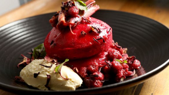 Red velvet hotcakes with stewed berries, rhubarb and cream cheese.