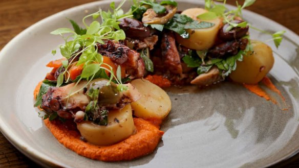 Octopus and potatoes on a bed of romesco.