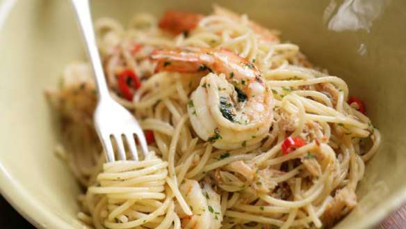 Italian delight: Spaghetti with blue swimmer crab and prawns.