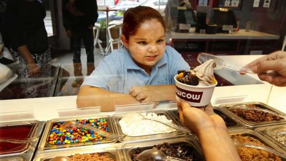 Chilly treat: Rylee Mackey getting her favourite frozen yogurt at Wowcow, Newtown.