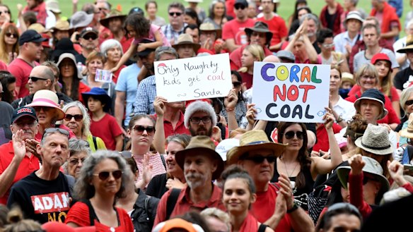Anti-Adani coal mine protestors are seen rallying at Crosby Park in Brisbane earlier this month.