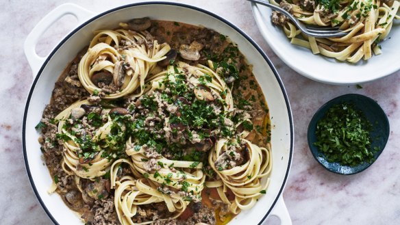 Adam Liaw's stroganoff fettucine includes some pasta water for a silky sauce. 