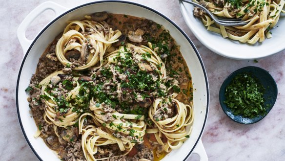 Adam Liaw's stroganoff fettucine includes some pasta water for a silky sauce. 