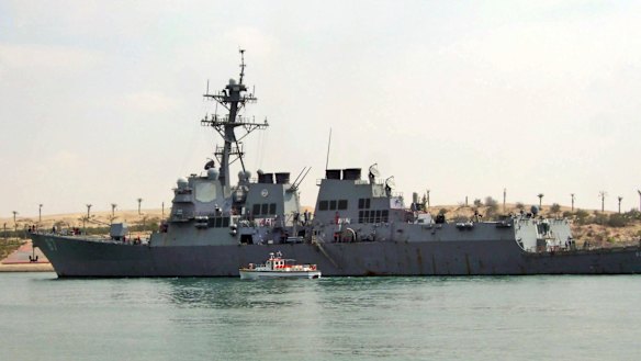 The destroyer the USS Mason sails in the Suez canal in Ismailia, Egypt.