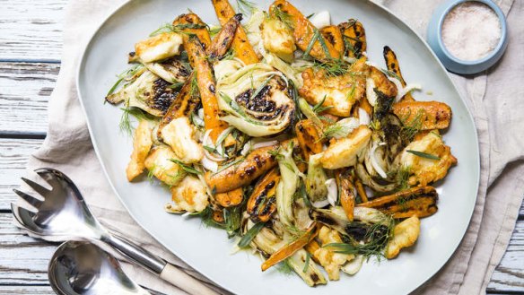 Smoky salad: Grilled fennel and carrot salad with fried haloumi cheese.