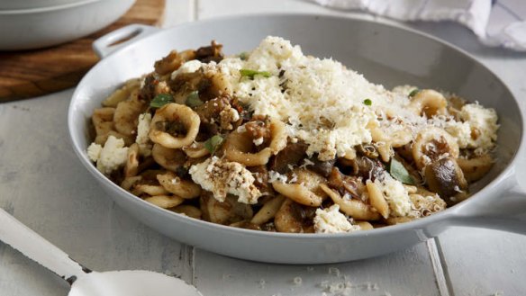 Pantry pasta: Orecchiette with eggplant and ricotta.