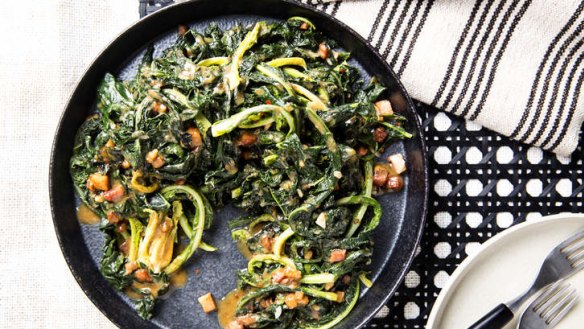 Cavolo nero with speck, miso and garlic - or substitute silverbeet or kale.