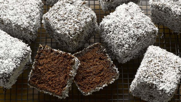 Dan Lepard's double-chocolate lamingtons include a 'sacreligious' addition of cocoa to the cake.