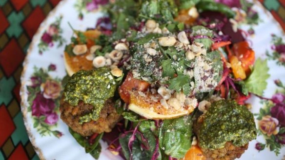 Big salad: Mint, zucchini and pearl couscous polpette salad.