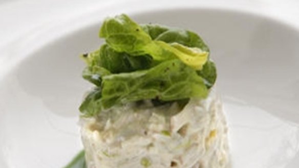Crab salad with green apple, avocado, aioli and spinach essence