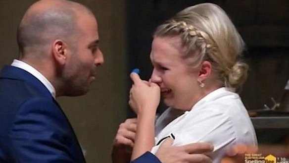 <i>MasterChef</i> contestant Georgia Barnes cries in the finale.