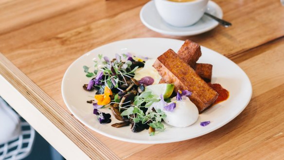 Seasonal mushrooms, hollandaise foam, poached eggs, cress, tomato jam and polenta chips at North & Eight cafe in Essendon for Just Open column. Photo: Linsey Rendell (please credit)
