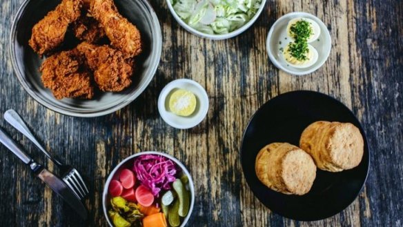 Buttermilk-fried chicken, biscuits and salad from Rockwell and Sons.