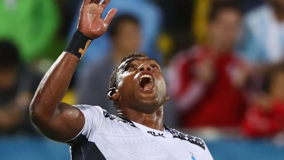 Leone Nakarawa of Fiji celebrates as he scores a try during the Men's Rugby Sevens Gold medal final match between Fiji and Great Britain.