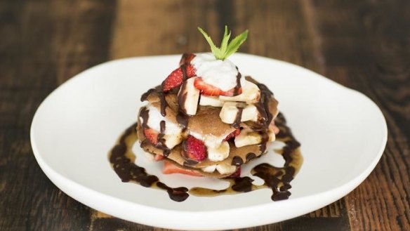 The Plant Gallery's banana pancakes are stacked with Thai basil syrup, chocolate sauce, fruit and coconut chantilly cream. 