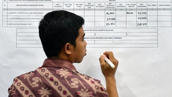 An Indonesian election official tabulates results in south Jakarta on Wednesday.