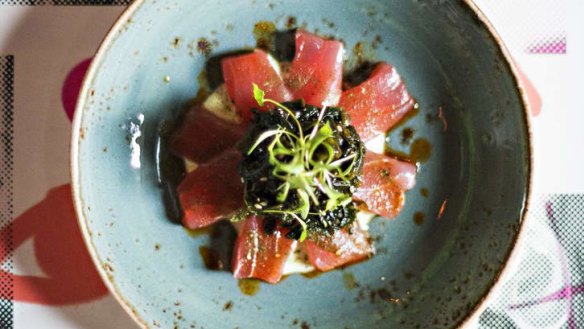 Tuna sashimi with wakame and wasabi at Charlie Dumpling in Melbourne.