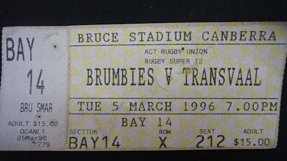 A ticket from the ACT Brumbies' first competition match against Transvaal in 1996.