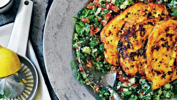 Neil Perry's spiced chicken breast with garlic and mint yoghurt.