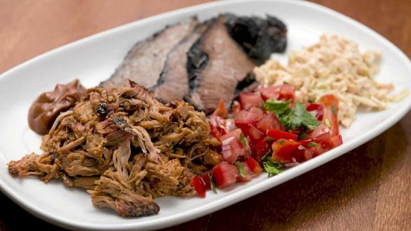 Hudson Corner's barbecue combo plate: pulled pork, brisket, slaw and Tex-Mex salsa.