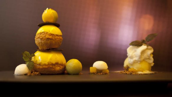 Mango alfonso includes profiteroles, coconut and lemongrass foam and painted chocolate.