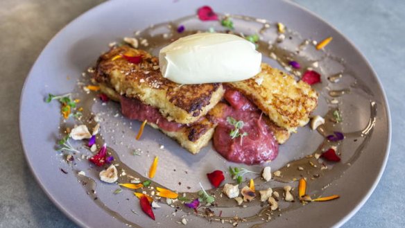 Fluffy French toast dolloped with rhubarb and mascarpone.