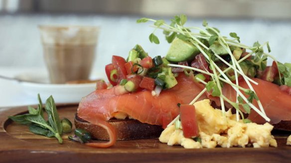 Breakfast bruschetta, with scrambled eggs, smoked salmon and avocado salsa.