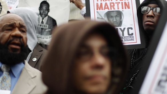 Supporters of Trayvon Martin rally in Union Square during a Million Hoodie March in Manhattan.