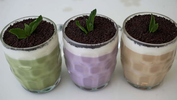 Plant milk teas: matcha, taro and chocolate.