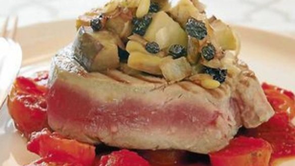 Seared tuna with sweet and sour eggplant and cherry tomatoes