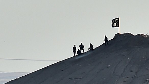 Ominous sign: An Islamic State flag waves on a small hill outside Kobane.