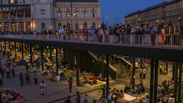 Syrian refugees camped out at Keleti station, Budapest, in 2015.  