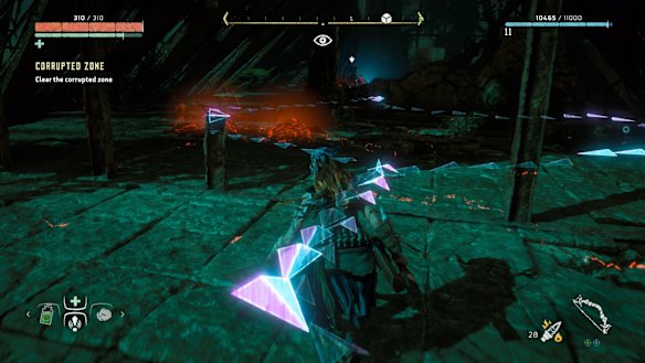 Aloy's Focus lets her tap into the way the machines work for a tactical advantage. In this case, it's highlighting a Scrapper's path so she can avoid it more easily.