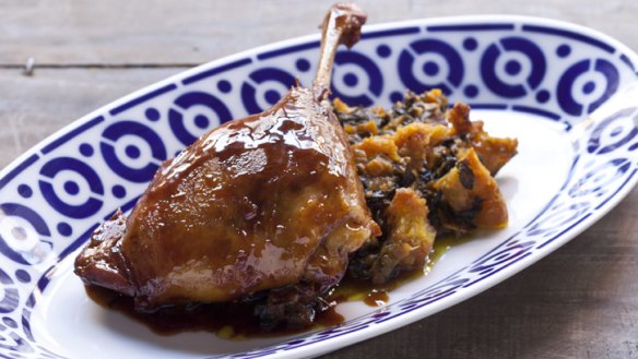 Frank Camorra's slow-cooked duck leg with braised silverbeet.