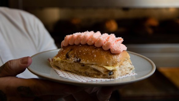 The pastel pink finger bun at Humble Bakery in Surry Hills.