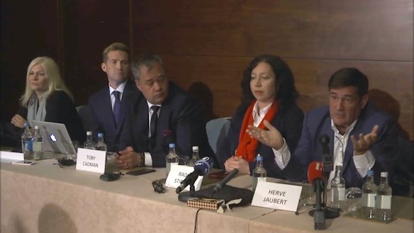 Herve Jaubert, right a former  French spy, speaks during a press conference with Radha Stirling, the founder and CEO of Detained in Dubai, second right and others, at the Conrad Hotel in London.