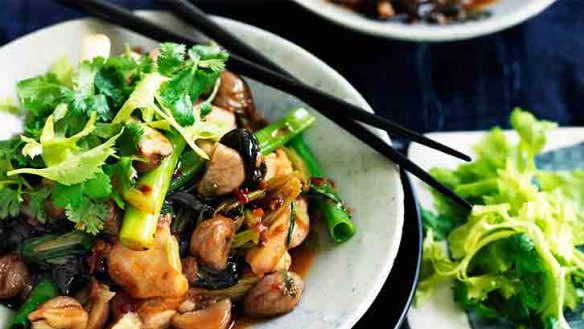 Neil Perry's Chilli chicken with chestnuts, black funghi and celery.