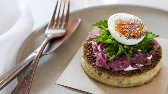 Falafel crumpet at Nour, Surry Hills.